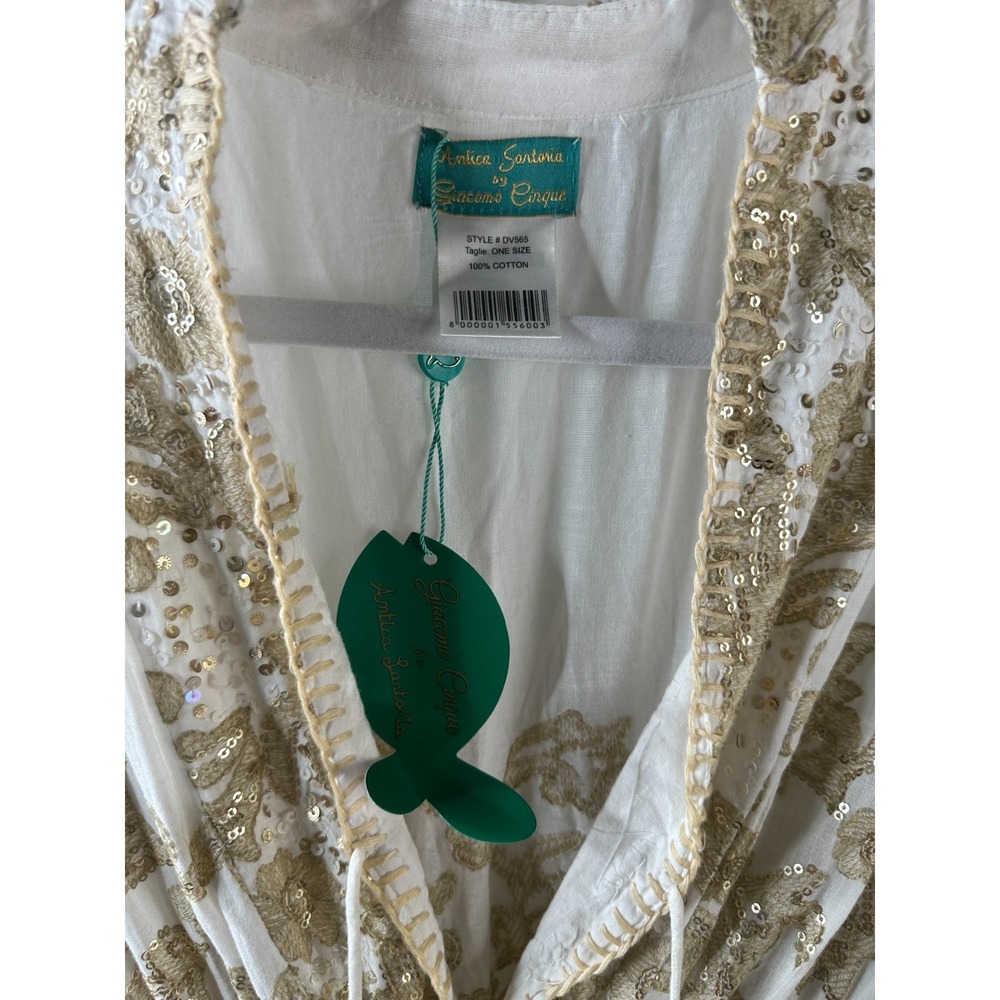 NWT Antica Sartoria Dress One Size White Gold Sequin Tassel Boho Beach Cotton - Picture 7 of 14